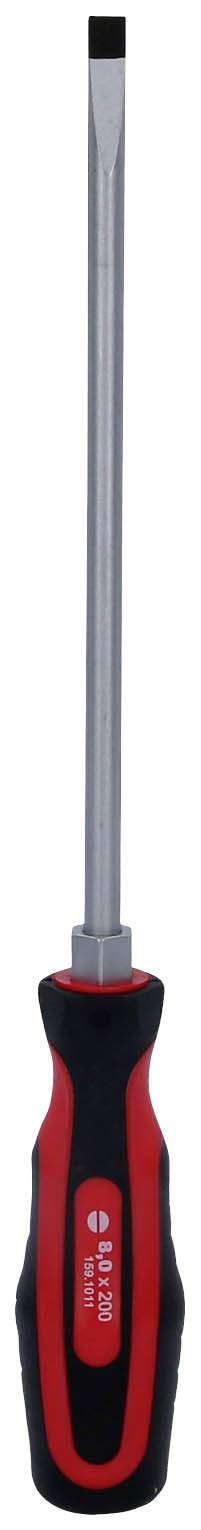 Ein Schraubendreher mit rotem und schwarzem Griff und flacher Klinge, geeignet für allgemeine Reparaturarbeiten.