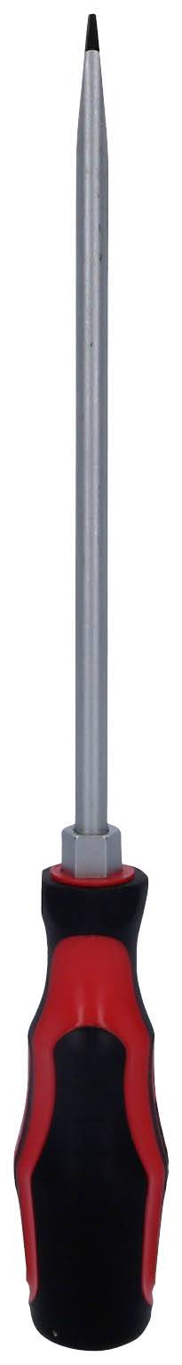 Ein Schraubendreher mit einem schwarzen und roten ergonomischen Griff und einer silbernen Metallklinge, geeignet für Kreuzschlitzschrauben.