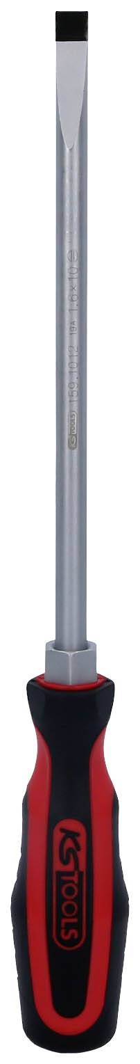 Ein Schraubendreher mit rotem und schwarzem Griff und flacher Metallspitze, geeignet für einfache Schraubarbeiten.