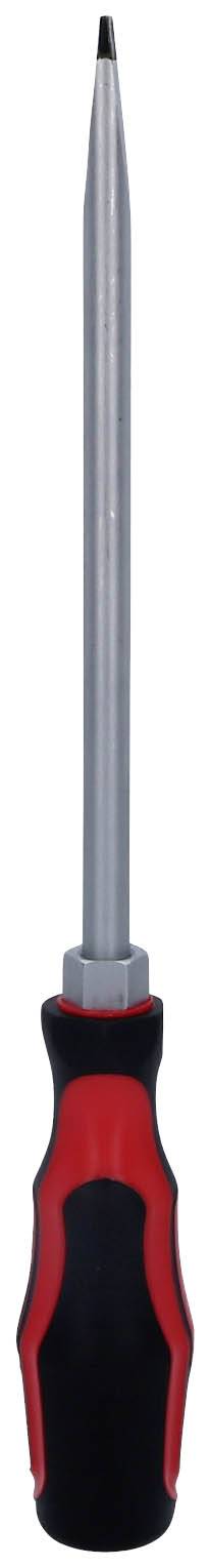 Ein langer Schraubendreher mit einem schwarzen Griff und roten Akzenten, geeignet für Arbeiten mit Kreuzschlitzschrauben.