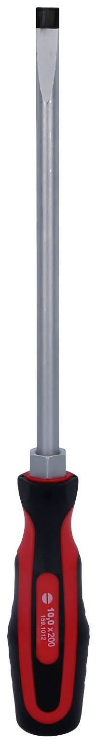 Flacher Schraubendreher mit rotem und schwarzem Griff auf weißem Hintergrund.