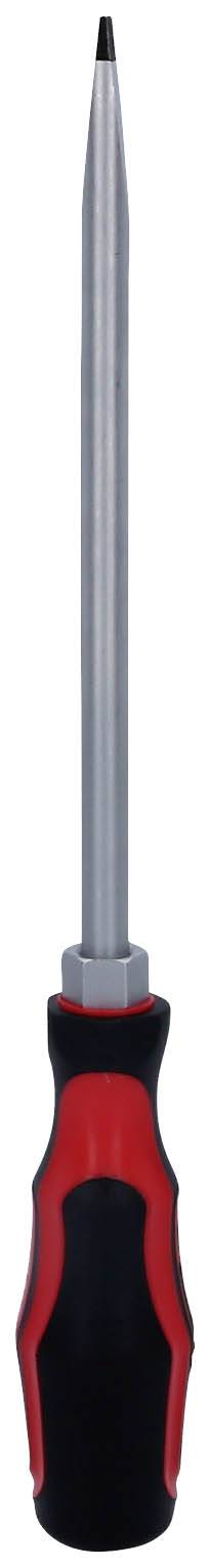 Schraubendreher mit rotem und schwarzem Griff und schmaler, langer Metallspitze. Geeignet für kleine Schraubenarbeiten.