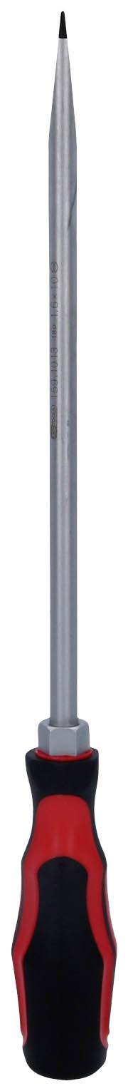 Ein langer, flacher Schraubendreher mit schwarzem und rotem Griff vor weißem Hintergrund.