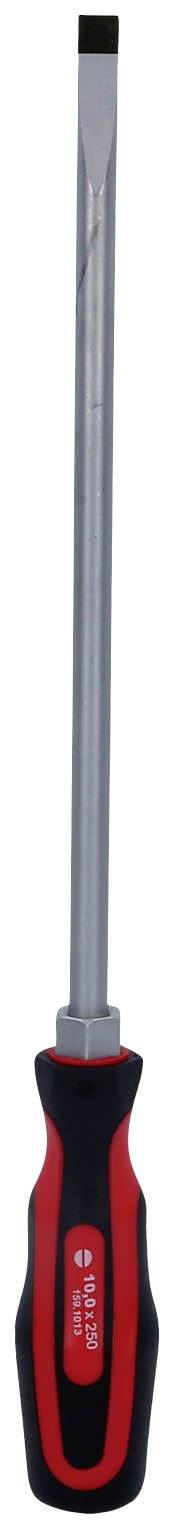 Flacher Schraubendreher mit rotem und schwarzem Griff, langer Metallschaft.