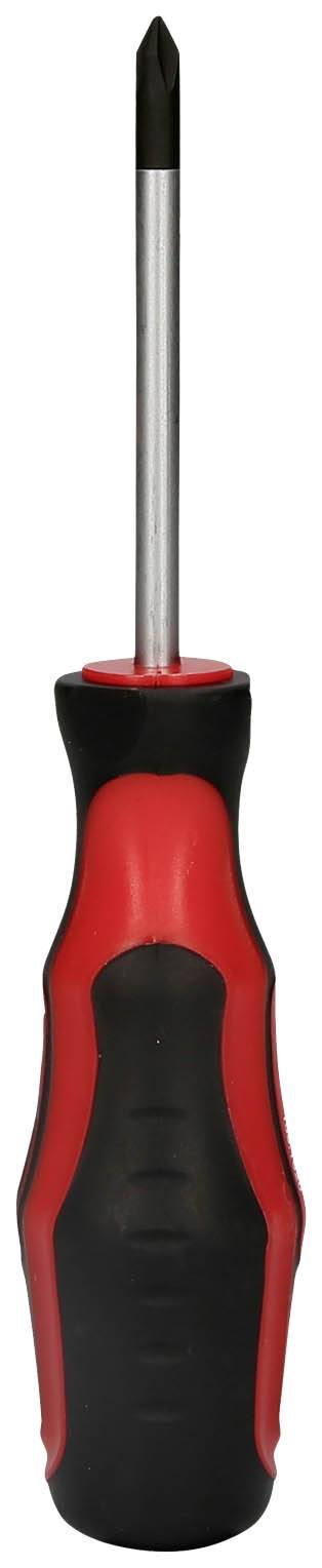 Ein Kreuzschlitzschraubendreher mit rotem und schwarzem Griff.