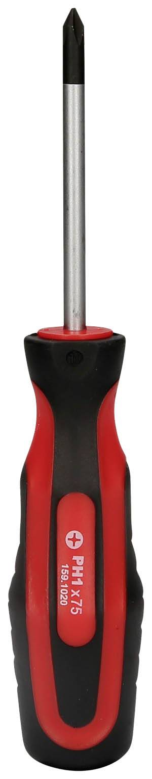 Ein roter Kreuzschlitz-Schraubendreher mit schwarzem Griff, ideal für verschiedene handwerkliche Arbeiten.