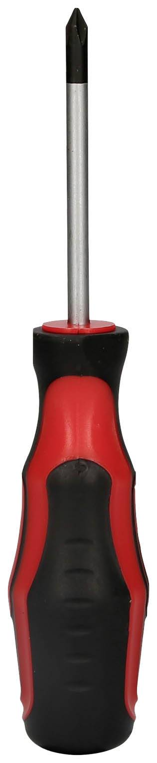Ein roter und schwarzer Kreuzschlitzschraubendreher mit ergonomischem Griff, stehend aufrecht.
