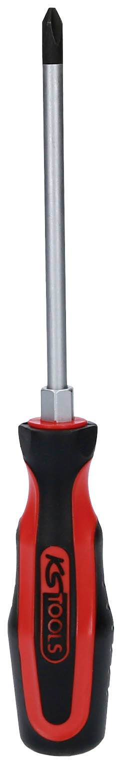 Ein Kreuzschlitzschraubendreher mit rotem und schwarzem Griff, hergestellt von 'KS Tools'.