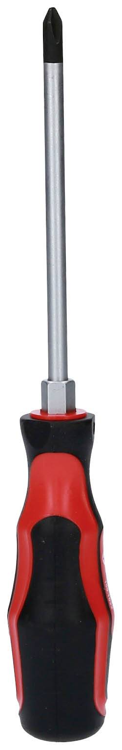 Schraubendreher mit rotem und schwarzem Griff und metallischer Spitze.
