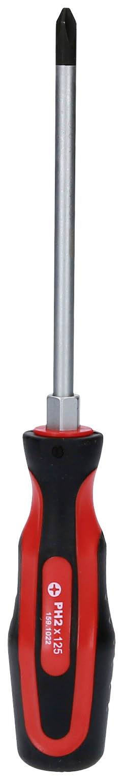 Ein Kreuzschlitz-Schraubendreher mit einem roten und schwarzen Griff, geeignet für das Anziehen oder Lösen von Schrauben mit Kreuzschlitzkopf.