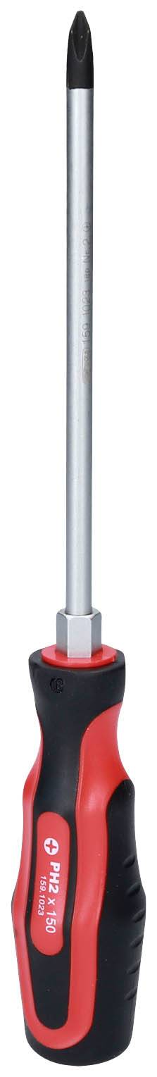 Schraubendreher mit schwarzer Spitze und ergonomischem, rot-schwarzem Griff. Geeignet für handwerkliche Arbeiten und Reparaturen.