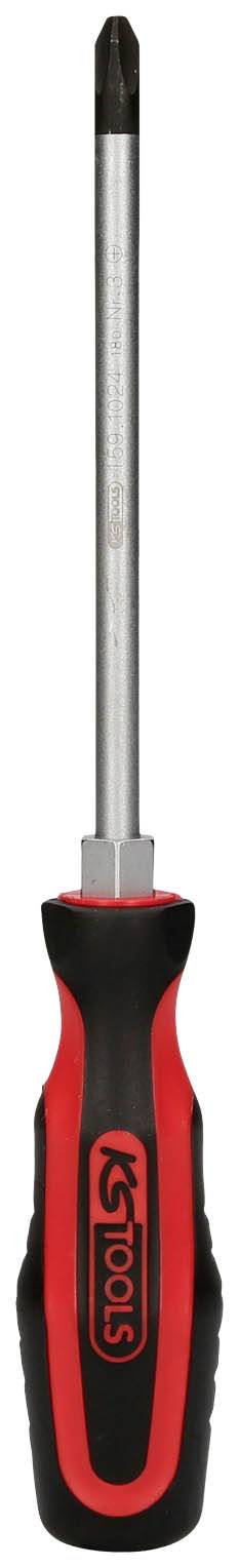 Kreuzschlitz-Schraubendreher mit rotem und schwarzem Griff und Metallspitze.