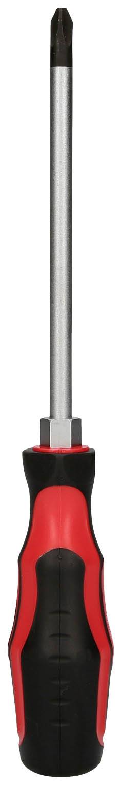 Ein schwarzer und roter Schraubendreher mit Kreuzschlitzklinge und ergonomischem Griff. Hauptsächlich für Heimwerkerarbeiten geeignet.