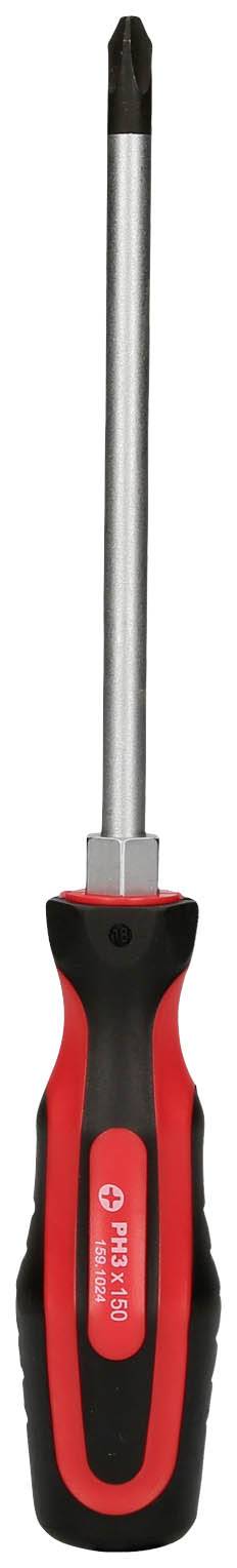 Ein Kreuzschlitzschraubendreher mit einem schwarzen und roten Griff, geeignet für allgemeine Reparaturen und handwerkliche Arbeiten.