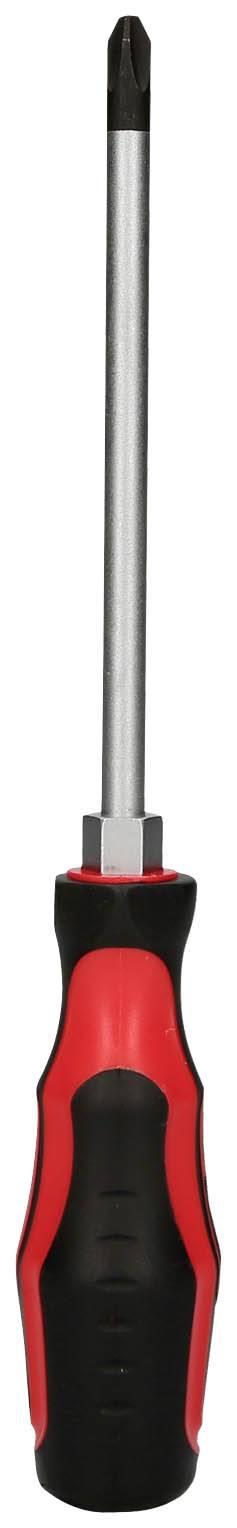 Ein roter und schwarzer Kreuzschlitzschraubendreher mit ergonomischem Griff und langem Metallstab.
