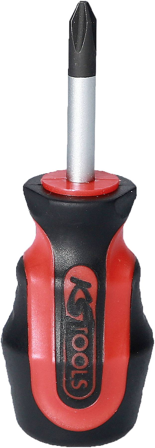 Ein roter und schwarzer Schraubendreher mit Kreuzschlitz, Griff ergonomisch geformt für besseren Halt, aufrecht stehend.