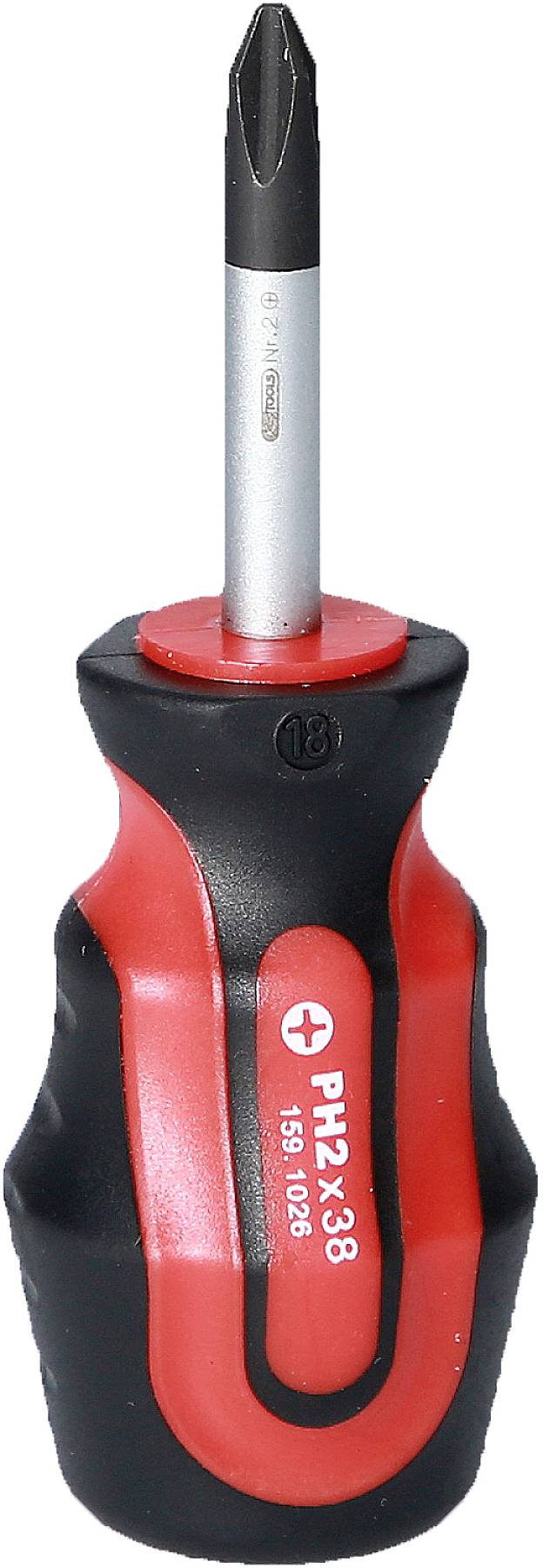 Kreuzschlitz-Schraubendreher mit rotem und schwarzem Griff, geeignet für PH2-Schrauben.