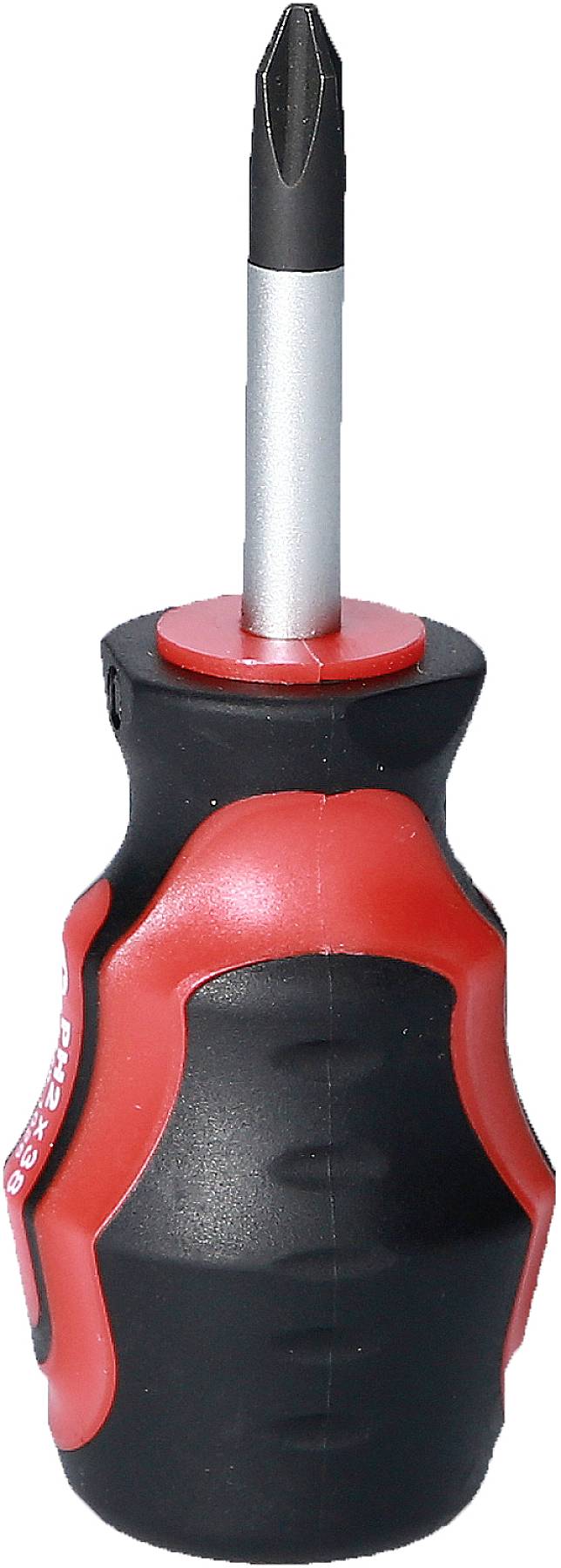 Ein schwarzer und roter Kreuzschlitz-Schraubendreher mit ergonomischem Griff, geeignet für handwerkliche Arbeiten.