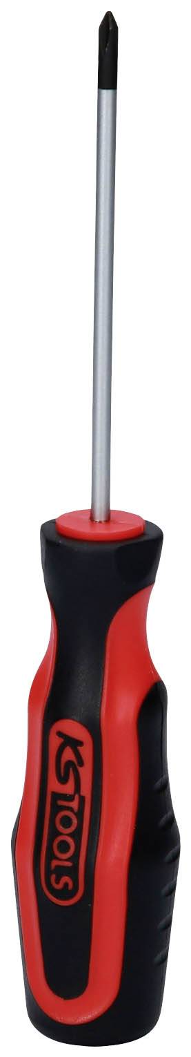 Ein Kreuzschlitzschraubendreher mit schwarzem Griff und roten Akzenten. Ideal für Heim- und Handwerkerprojekte.