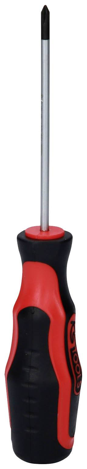 Schraubendreher mit schwarzem Griff und roten Akzenten, geeignet für Kreuzschlitz-Schrauben.