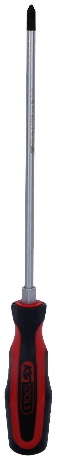 Roter Schraubendreher mit schwarzem Griff und Kreuzschlitzspitze, geeignet für verschiedene Schraubarbeiten.