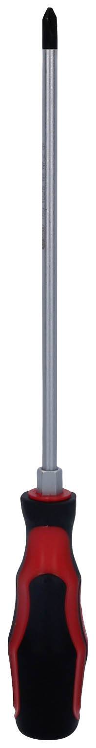 Ein Kreuzschlitz-Schraubendreher mit rotem und schwarzem Griff sowie einer langen, schlanken Metallspitze.