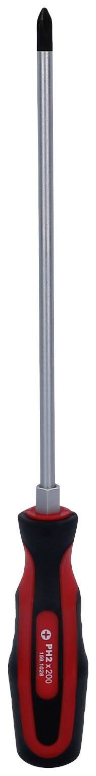 Ein Kreuzschlitzschraubendreher mit schwarzer Spitze und rotem Griff.