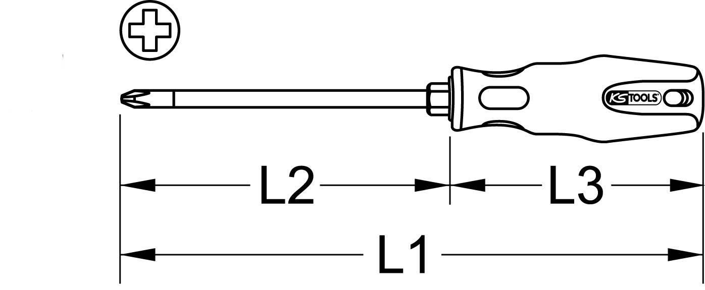 Schraubendreher-Diagramm mit Markierung der Länge des Schaftes (L2), Länge des Griffs (L3) und Gesamtlänge (L1) und einem Kreuzschlitz-Symbol.