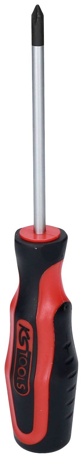 Kreuzschlitzschraubendreher mit rotem und schwarzem Griff und langer Metallspitze.