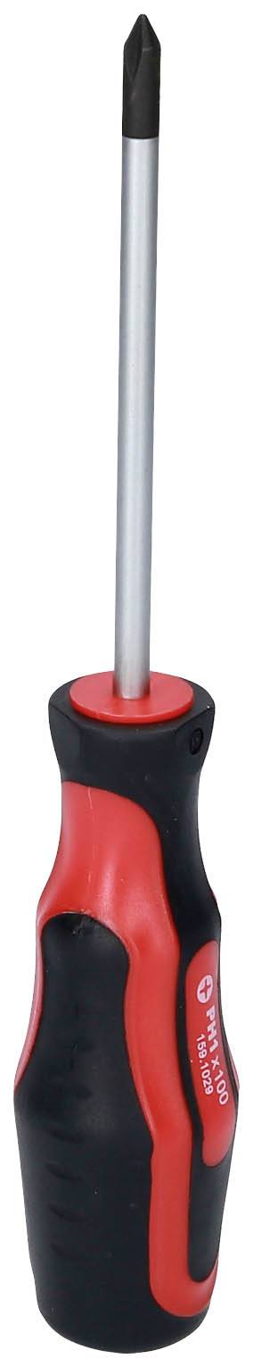 Kreuzschlitz-Schraubendreher mit schwarzem Griff und rotem Akzent, geeignet zum Festziehen und Lösen von Schrauben mit Kreuzkopf.