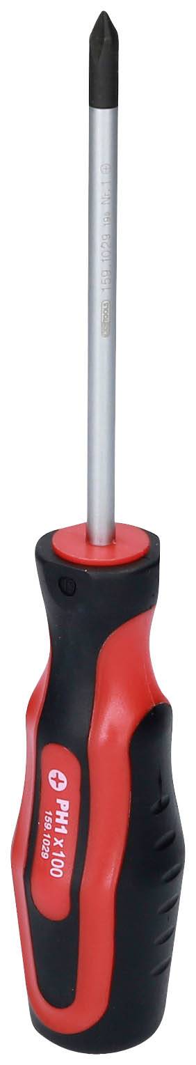 Ein roter und schwarzer Schraubendreher mit Kreuzschlitzspitze auf weißem Hintergrund.