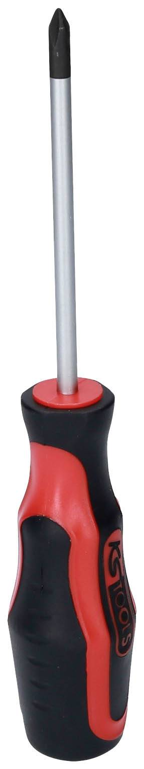 Kreuzschlitzschraubendreher mit rotem und schwarzem Griff und silberner Metallspitze, für allgemeine Reparaturarbeiten geeignet.
