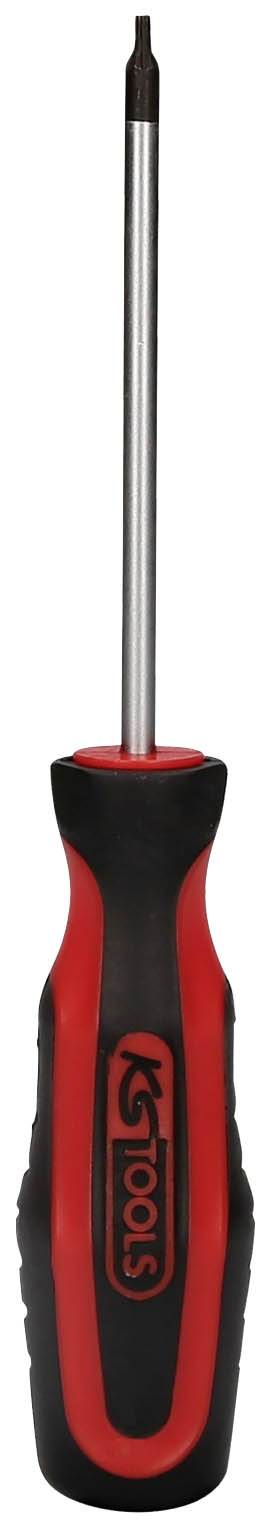 Ein Schraubendreher mit rotem und schwarzem Griff, geeignet für feine Arbeiten.