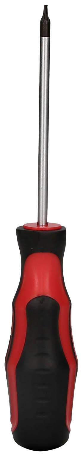 Ein rot-schwarzer Schraubendreher mit ergonomischem Griff und Kreuzschlitzspitze, nützlich für allgemeine Reparaturarbeiten.