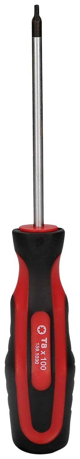 Ein roter und schwarzer Schraubendreher mit einem schmalen, langen Schaft, geeignet für präzise Arbeiten und Verschraubungen.