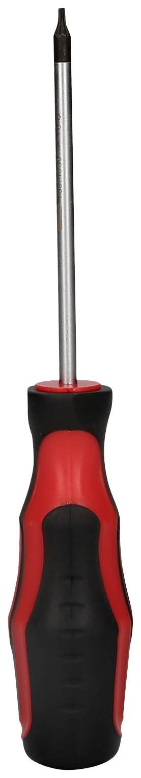 Ein roter und schwarzer Schraubendreher mit langem Metallstamm und rutschfestem Griff, geeignet für Kreuzschlitzschrauben.