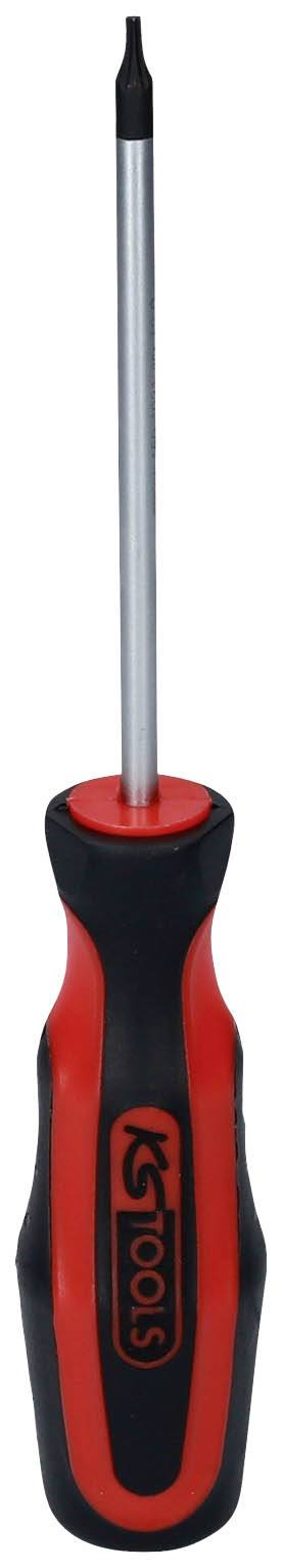 Ein roter und schwarzer Schraubendreher mit einem ergonomischen Griff und einer kleinen, schlitzförmigen Spitze.