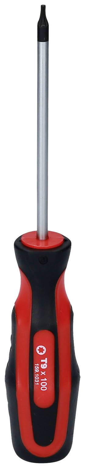 Ein roter Schraubendreher mit schwarzem Griff und einem Kreuzschlitzschraubenzieher-Kopf.