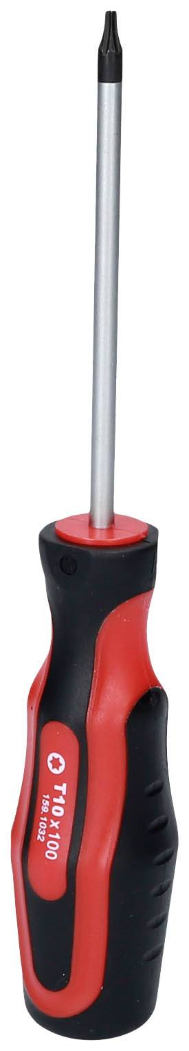 Ein roter und schwarzer Schraubendreher mit ergonomischem Griff und einem flachen Metallkopf.