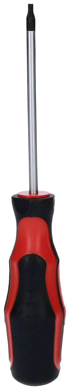 Ein roter und schwarzer Schraubendreher mit einem flachen Griff und einer langen Metallspitze.