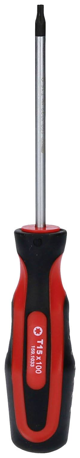 Ein Kreuzschlitz-Schraubendreher mit schwarzem und rotem Griff, geeignet für Philips-Schrauben unterschiedlicher Größe.