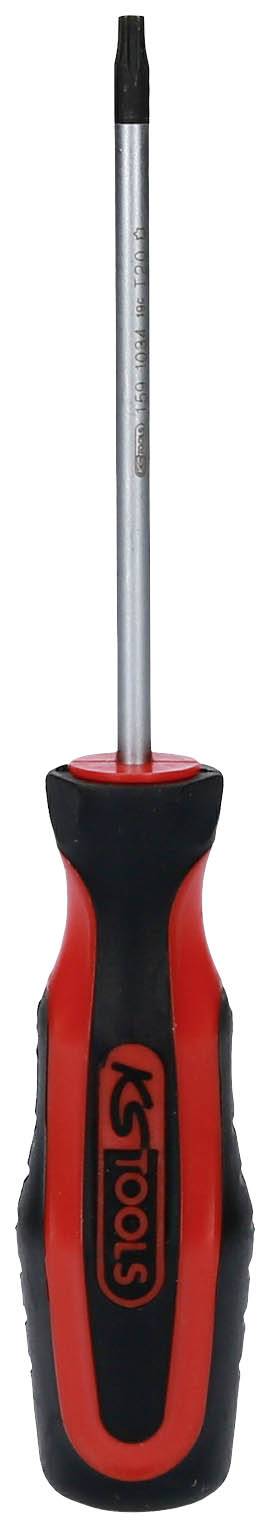 Ein roter und schwarzer Schraubendreher mit einem ergonomischen Griff und einer flachen Spitze.