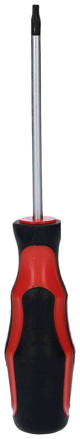 Ein langer Schraubendreher mit einem schwarzen und roten ergonomischen Griff, geeignet für Präzisionsarbeiten.