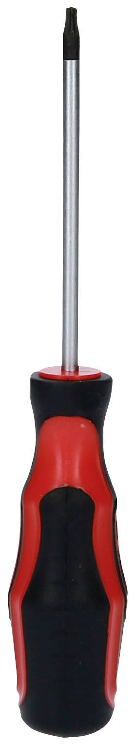 Ein Schraubendreher mit rotem und schwarzem Griff, geeignet für präzises Arbeiten.