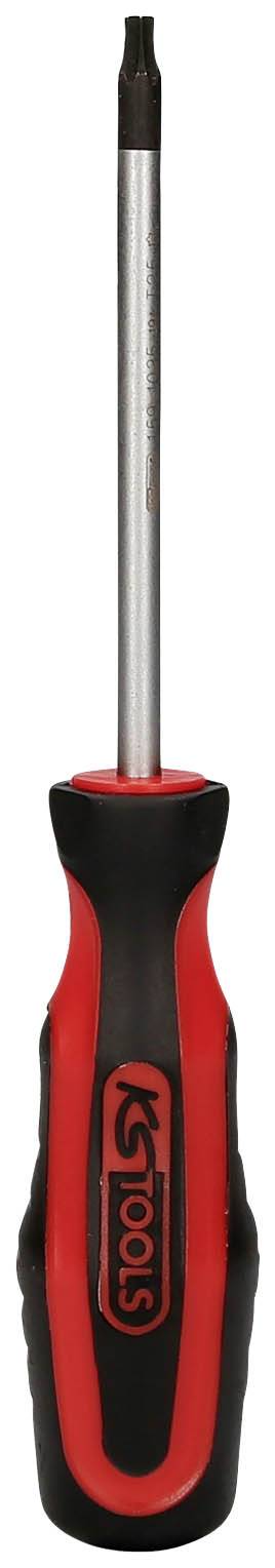 Ein roter und schwarzer Schraubendreher mit ergonomischem Griff.