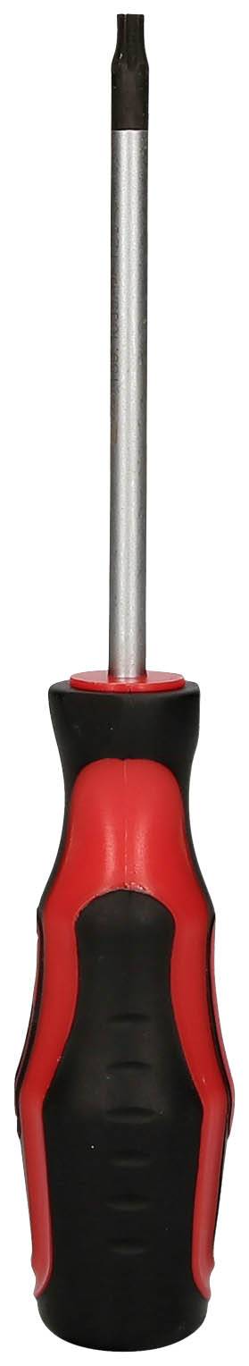 Ein roter und schwarzer Schraubendreher mit langem Metallschaft und ergonomisch geformtem Griff.
