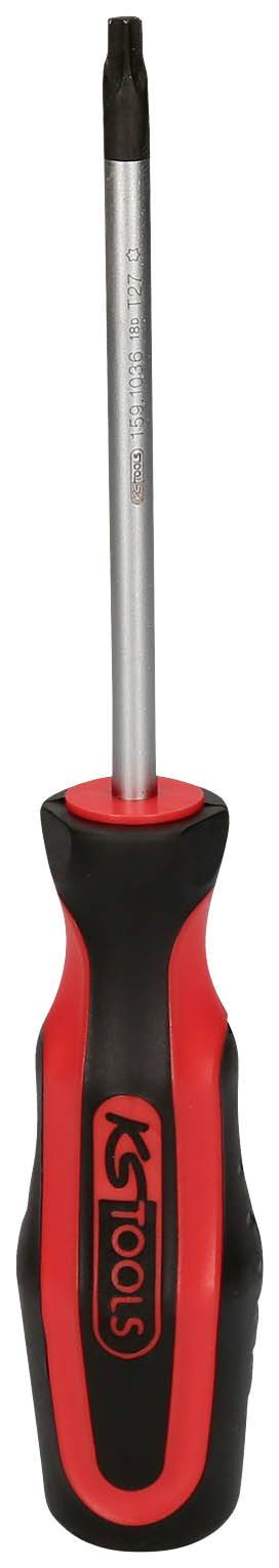 Schraubendreher mit rotem und schwarzem Griff, geeignet für Torx-Schrauben.
