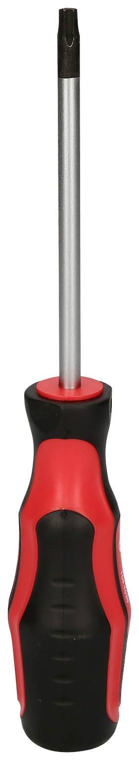 Roter und schwarzer Schraubendreher mit ergonomischem Griff und langen Schaft.