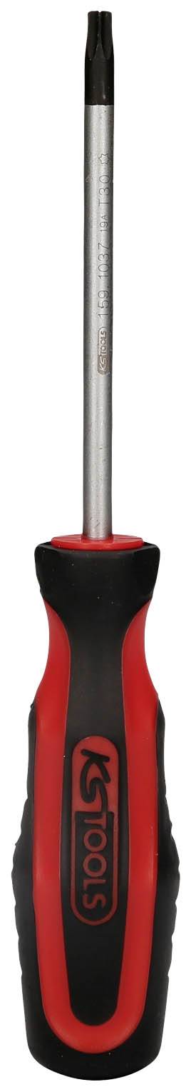 Ein Schraubendreher mit schwarz-rotem Griff und einem sternförmigen Kopf. Geeignet für präzises Schrauben.