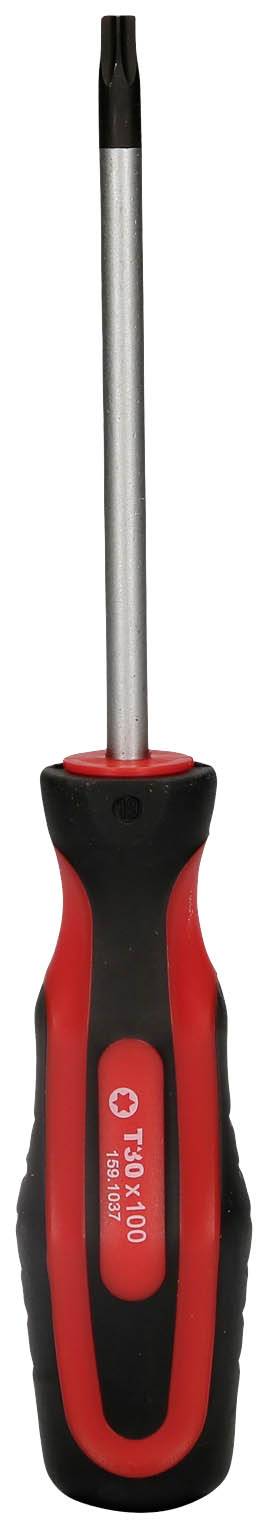 Ein roter und schwarzer Schraubendreher mit ergonomischem Griff und einem T-förmigen Bit an der Spitze.